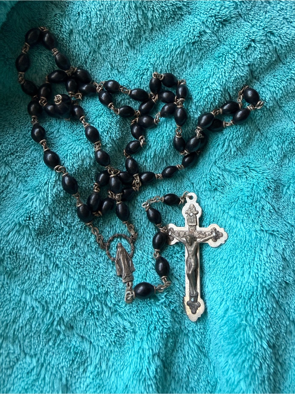 Catholic Rosary Black Oval Beads 1830 Virgin Mary INRI Crucifix Antique Style